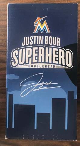 Justin Bour Super Hero Miami Florida Marlins Bobble Head NEW in original box Cover
