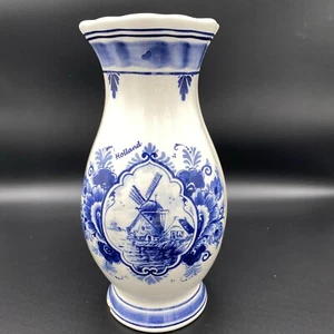 468 Delft Holland Hand Painted Blue Floral Windmill 7.5” Vase ** See Desc - Picture 1 of 8