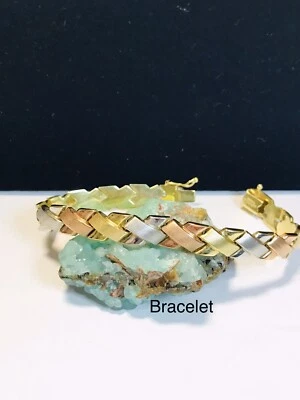 "Pulsera Stampato abrazos textura espejo y satinado 14K real oro tricolor 14K 7,1/8""" Foto 1 de 4