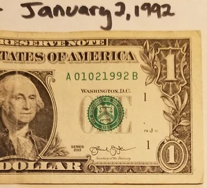 Birthday January 2, 1992 $1 Dollar Bill Fancy A Series 2013 US Currency Note - Picture 1 of 4