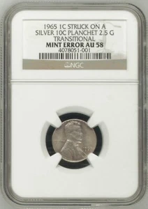 1965 NGC AU58 Silver TRANSITIONAL Lincoln Cent On Dime Planchet EXTREMELY RARE!! - Picture 1 of 5