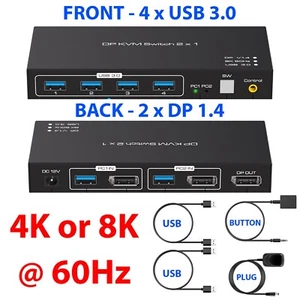DP KVM Switch 2x1 DisplayPort 1.4 KVM 2 Port 4K 8K 60Hz USB 3.0 External Button - Picture 1 of 4