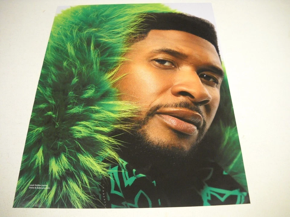 Póster publicitario promocional USHER head shot rodeado de material plumoso verde 2021 Foto 1 de 1