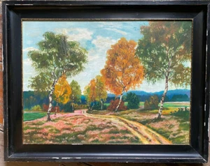 Birch Autumn° Oil Painting Antique Heide Erika Field Path Art Deco Nouveau - Picture 1 of 7