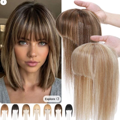 Clip In 100% Human Real Remy Hair Piece Topper Women Hairpiece MONO Toupee Bangs - Image 1 of 4
