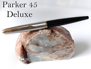 Parker 45 Fountain Pen Black Deluxe GT Gold Trim Nib Medium Circa 60s