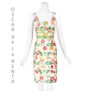 OSCAR DE LA RENTA 2011 Ivory Silk Faille Sheath Dress with Colorful Flowers SZ 8 - Picture 1 of 9