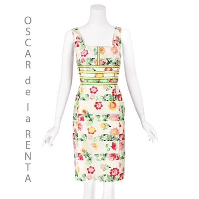 Vestido Vaina OSCAR DE LA RENTA 2011 Marfil Seda Faille con Flores Coloridas Talla 8 Foto 1 de 4