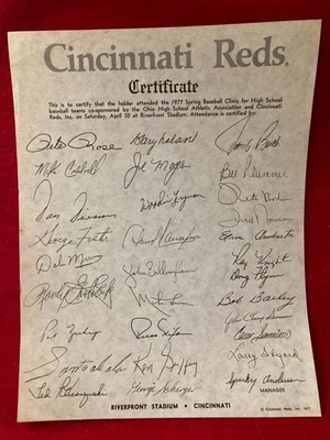 RARE! 1977 Cincinnati Reds High School Attendance Facsimile Signed Certificate - Image 1 of 4