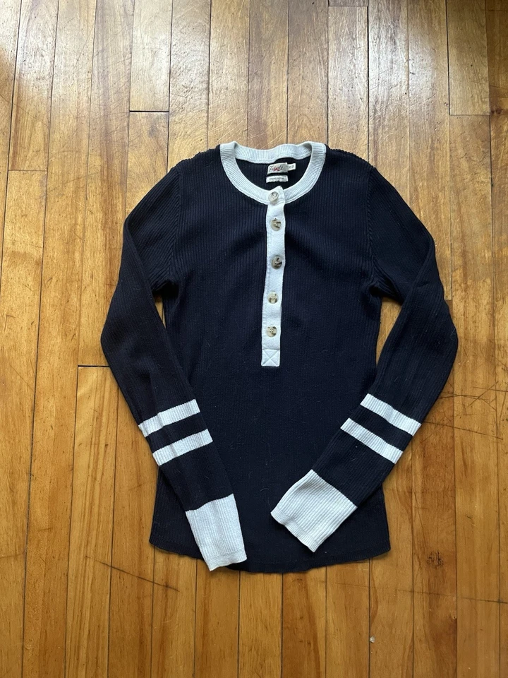 Faherty Women's Mikki Henley Navy and White Striped Cotton Cashmere Sweater XS - Image 1 of 4