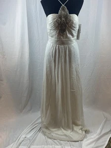 New Aidan Mattox Chiffon Ivory Long Shimmer Beaded Necklace Gown Women’s Size 2 - Picture 1 of 24