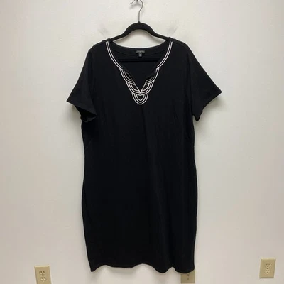Talbots Womens Black Embroidered V-Neck Short Sleeve Slub Jersey Shift Dress 2X - Image 1 of 4