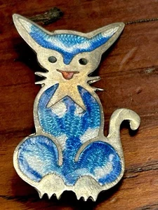 Vintage Jeronimo Fuentes Blue Enamel And Sterling Silver Cat Brooch 5.73 Grams - Picture 1 of 9