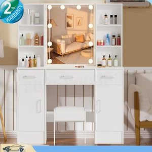 Vanity Makeup Desk Dressing Table With 3 Color Mode LED Light Mirror For Bedroom - Picture 1 of 8