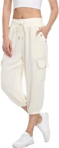 MISS MOLY Women's Loose Cropped Capris Cargo Joggers Pants Harem Large, Beige - Picture 1 of 6
