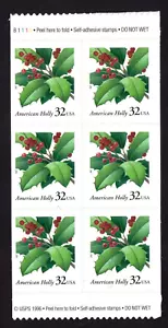 Scott #3177d American Holly Booklet Center Plate Block of 6 Stamps - MNH - Picture 1 of 2