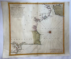 GIBRALTAR STRAIT 1759 ISAAK TIRION LARGE ANTIQUE SEA CHART 18TH CENTURY - Picture 1 of 7