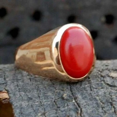 Anillo de compromiso ovalado de plata de ley 925 con coral naranja simulado de 4,89 quilates para hombre Foto 1 de 4