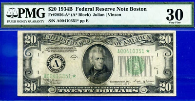 1934B $20 Federal Reserve Note PMG 30 rare PMG graded 10 Boston star Fr 2056-A* - Image 1 of 4