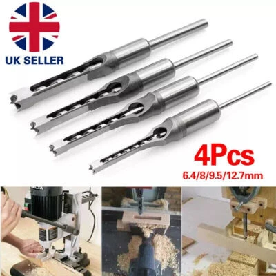 4Pcs Square Hole Drill Bit Mortise Chisel Hole Saw Drill Bit Kit for Woodworking