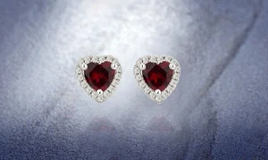 Valentine Gift Rhodium Plated White Sapphire and heart Ruby Fashion Earring - Picture 1 of 5