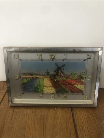 ANTIQUE VINTAGE PAINTED DUTCH WINDMILL WIND-UP CLOCK 6” Cover