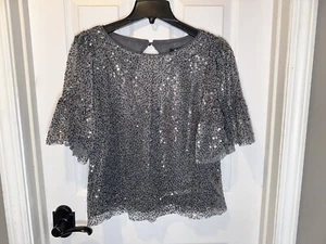 Blusa media Maeve Anthropologie grigia in tulle con paillettes carbonio nuova con etichette party bling - Foto 1 di 9