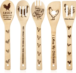 5Pcs Rooster Chicken Wooden Spoons Utensils Set, Non-Stick Cooking Utensils - Picture 1 of 12