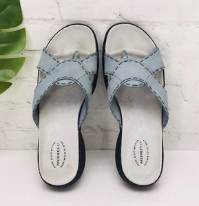 Merrell Women's Air Cushion Sandals Size 10 Blue Leather Outdoor Slip On Slide - Picture 1 of 11
