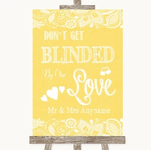 Yellow Burlap & Lace Don't Be Blinded Sunglasses Personalised Wedding Sign - Picture 1 of 8