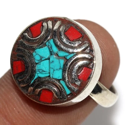 10gms Tibetan Turquoise Red Coral Nepali Tribal Ring Size US FreeSize AU D371 - Image 1 of 3