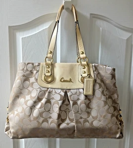 COACH Signature Medium Shoulder Bag Purse Beige w/ Yellow Gold Trim M1160-F15510 - Picture 1 of 11