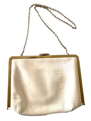 Bolsa de noite vintage ETRA couro branco genuíno fecho de latão fecho corrente - Imagem 1 de 4