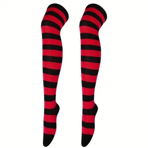 Striped Patterned Socks (Thigh High) Red and Black - Picture 1 of 3