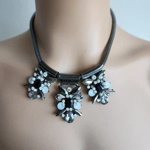 NYC Statement Necklace – Dark Silver Tone with Rhinestones – 15" + 4" Extender - Picture 1 of 7