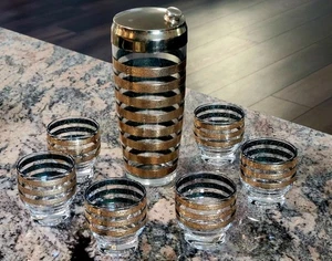 Vintage Mid Century Modern Culver 22k Gold Cocktail Shaker & 6 Glasses 1950s - Picture 1 of 18