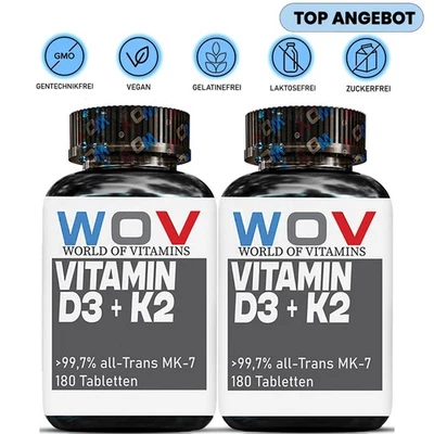 WOV® Vitamin D3 K2 , 2 x 180 Tabletten, 5000 IE, mit Olivenöl - unterstützt Knochen