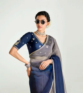 Trending Beige Hand Work Fancy Tissue Festive Wear Saree For Women, Prestitched - Picture 1 of 31