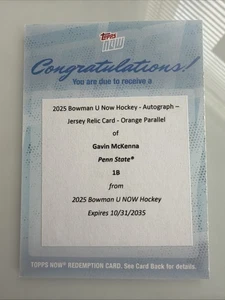 2025 BOWMAN U TOPPS NOW HOCKEY 1B GAVIN MCKENNA ORANGE JERSEY RELIC AUTO /25 RC - Bild 1 von 2