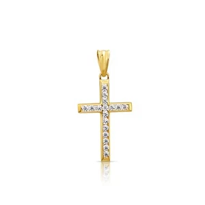 14K Real Solid Yellow Gold Dainty Cross Christian CZ Pendant Charm Necklace 18in - Picture 1 of 13