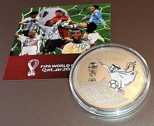 Qatar 2022 World Cup Silver Coin La'eeb Football Pele Signed Soccer Euro 2024 UK - Picture 1 of 12