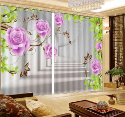 Dazzling Purple Rose 3D Curtain Blockout Photo Print Curtain Drape Fabric Window - Image 1 of 4