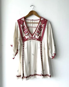 Free People Tulum White Pink Embroidered 3/4 Sleeve Boho Tunic Dress Size XS - Picture 1 of 12