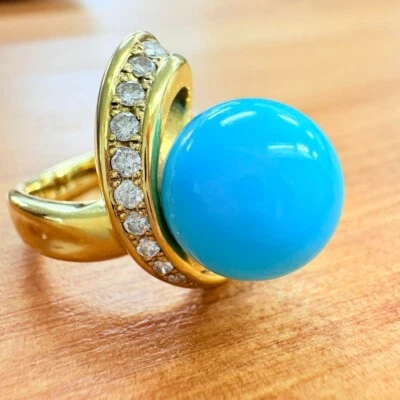 Anillo de oro amarillo de 18 k turquesa natural de 12 mm certificado por JP 6 COMO NUEVO Foto 1 de 4