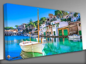 Fishing Harbor on Mallorca Balearic Islands Canvas Wall Art Ready To Hang - Picture 1 of 4