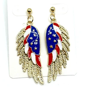 Red, White & Blue USA Patriotic Enamel Dangle Drop Earrings Gold Wings Freedom - Picture 1 of 3
