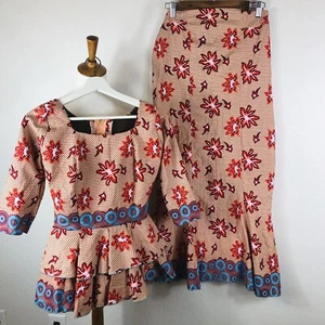 Women's African Ankara Evening Party 2 Pc Peplin Short Sleeve Top & Skirt NWOT - Picture 1 of 12