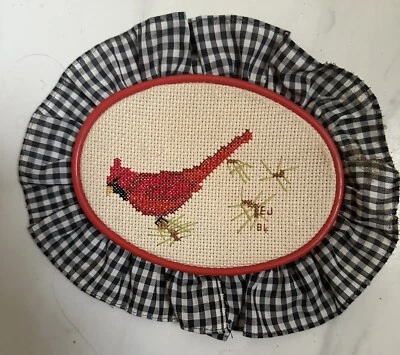 8” Embroidery Hoop Frame Embroidered Check Ruffle Cardinal Bird Handmade Cottage - Image 1 of 3