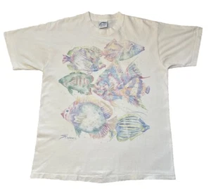 Vintage 90s Dolphin Shirt Co Size L White Single Stitch Tropical Parrot Fish USA - Picture 1 of 18