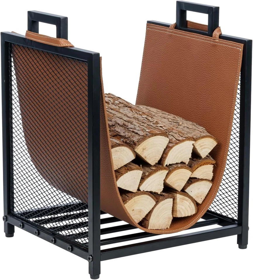 Black Metal & Brown Leatherette Firewood Stand Log Holder, Kindling Storage Rack - Image 1 of 4